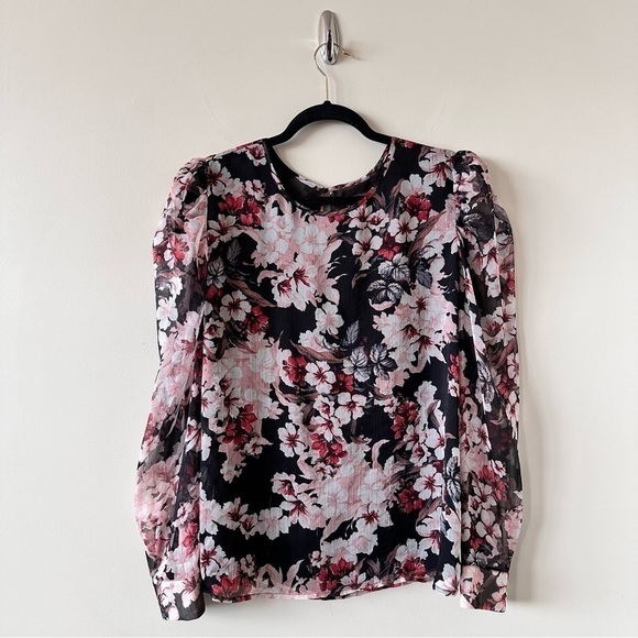 VINCE Camuto-Dark Floral Sheer Puff Sleeve Spring/Summer Blouse (Size:Large) - Picture 1 of 10